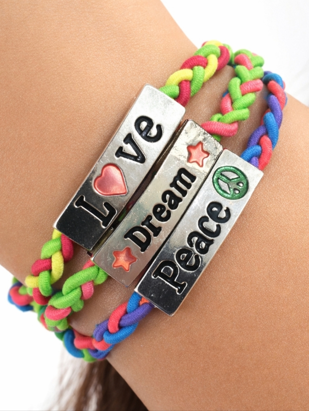 Set of 3 Colorful Braided Stretch Bracelets, Love, Dream, Peace for Kids Jewelry